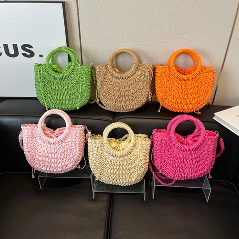 Woven Straw Bag Half Moon Semicircle Candy Color Handbag Crossbody For Summer Beach Vacation Holiday