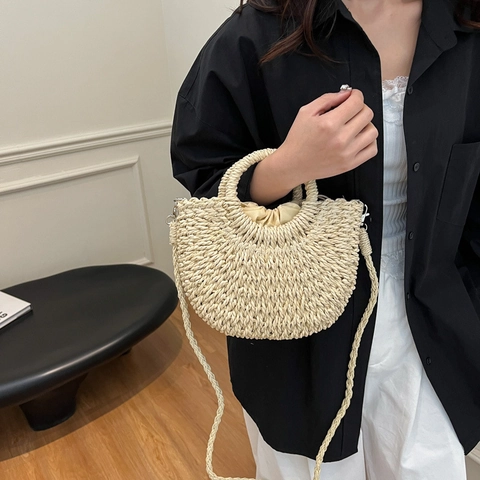 Woven Straw Bag Half Moon Semicircle Candy Color Handbag Crossbody For Summer Beach Vacation Holiday