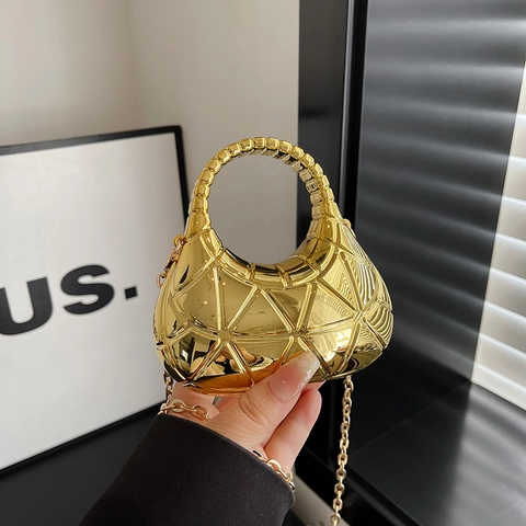 Luxury Acrylic Geometric Evening Bag For Women Metallic Mirror Finish Triangle Pattern Mini Handbag With Chain Crossbody Bag
