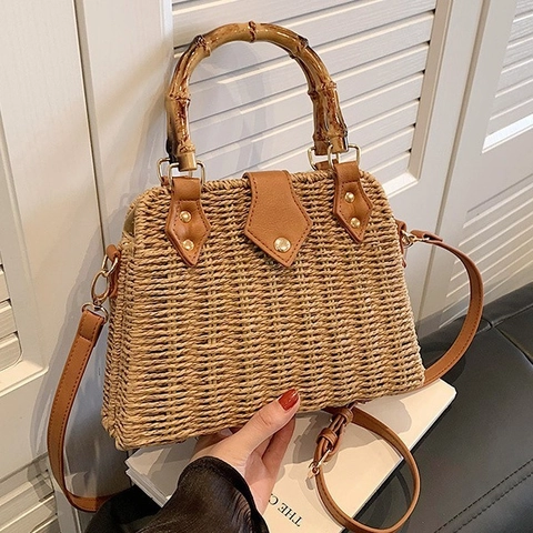 Sac Bandoulière En Paille Pour Femmes Sac À Main Tissé Avec Poignée En Bambou Style Rétro Vacances À La Plage