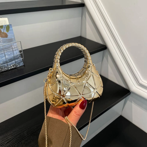 Mini Evening Bag Acrylic Hard Shell Geometric Metallic Texture Lipstick Clutch With Chain Strap For Women Fashion