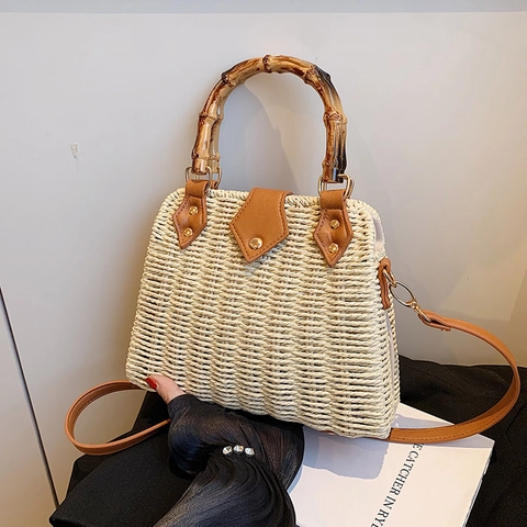 Sac Bandoulière En Paille Pour Femmes Sac À Main Tissé Avec Poignée En Bambou Style Rétro Vacances À La Plage