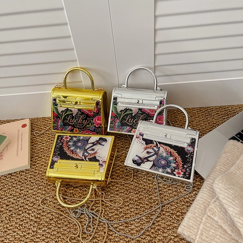 Mini Abendtasche Acryl Floral Pferdedruck Metallic Umhängetasche Mit Kette Elegante Party Handtasche