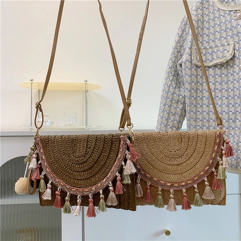 Bolso Bandolera De Paja Tejida Bohemio Con Borlas Pompones Bordado Bolso De Hombro De Playa De Verano Para Mujer
