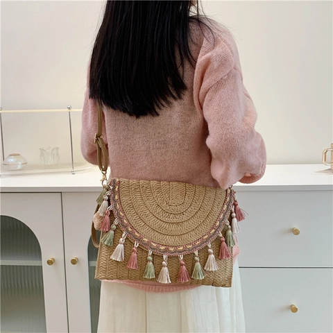 Bolso Bandolera De Paja Tejida Bohemio Con Borlas Pompones Bordado Bolso De Hombro De Playa De Verano Para Mujer