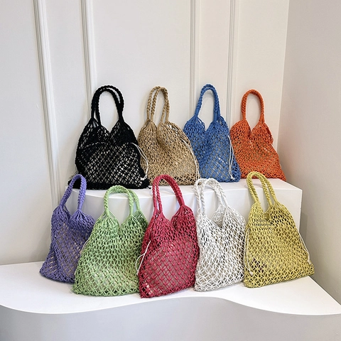 Bolso De Hombro De Cuerda De Algodón Tejido Ganchillo Vacaciones De Verano Bohemio Bolso De Malla Con Bolsa Interior De Cordón Mujeres