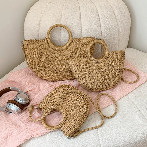 Sac À Main En Paille Tissé Sac Bandoulière Demi-Lune Poignée Circulaire Style Vacances Plage Été Femme
