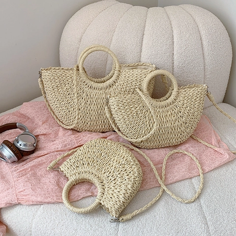 Sac À Main En Paille Tissé Sac Bandoulière Demi-Lune Poignée Circulaire Style Vacances Plage Été Femme