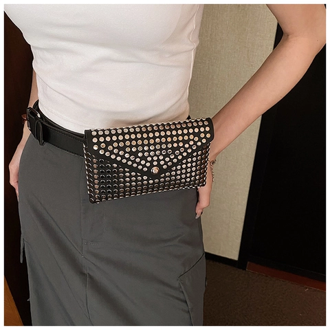 Sac Banane Femme En Cuir PU À Rivets Style Punk Pochette Téléphone À Rabat Ceinture Réglable