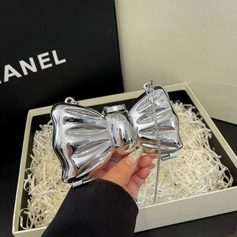 Bow Knot Acryl Abendtasche Mit Kette Integrierter Spiegel Hard Shell Crossbody Clutch Damen Metallic Spiegelglanz