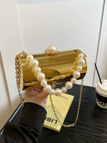 Gold Mirror Cylinder Evening Bag With Artificial Pearl Handle And Metal Chain Strap Luxury Clutch Crossbody Bag For Women Party