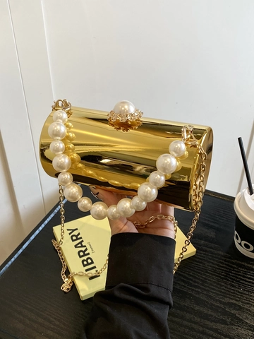 Gold Mirror Cylinder Evening Bag With Artificial Pearl Handle And Metal Chain Strap Luxury Clutch Crossbody Bag For Women Party