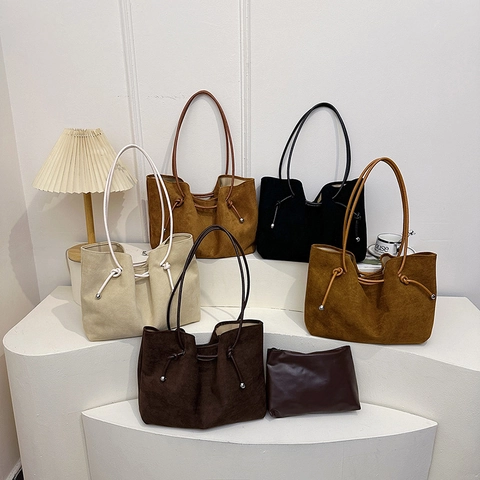 Bolso Tote De Gamuza Mujer Gran Capacidad Minimalista Bolso De Hombro Con Bolsa A Juego Detalle De Cordón Retro