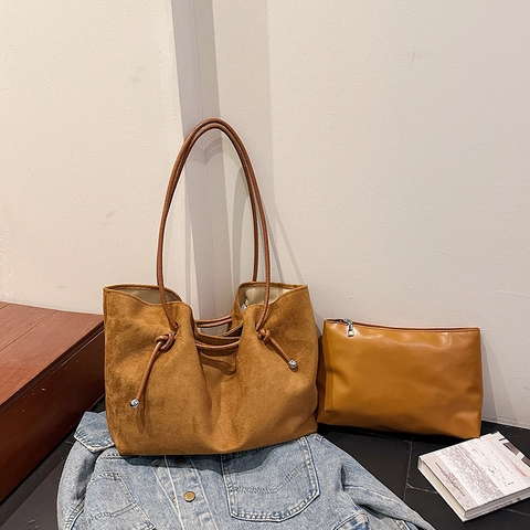 Bolso Tote De Gamuza Mujer Gran Capacidad Minimalista Bolso De Hombro Con Bolsa A Juego Detalle De Cordón Retro