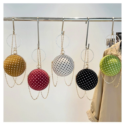 Polka Dot Spherical Evening Bag PU Leather Rhinestone Ring Handle Gold Chain Strap Crossbody Bag For Women