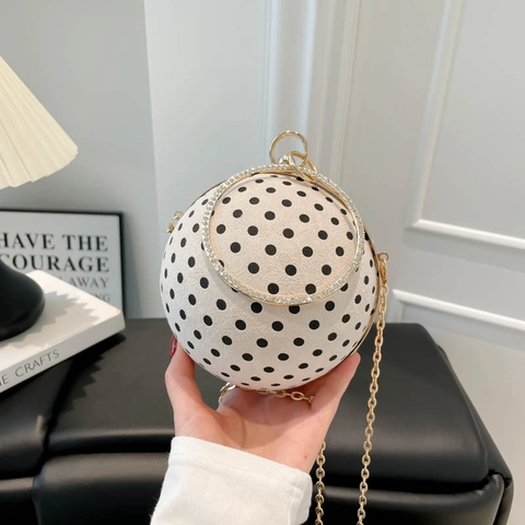 Polka Dot Spherical Evening Bag PU Leather Rhinestone Ring Handle Gold Chain Strap Crossbody Bag For Women