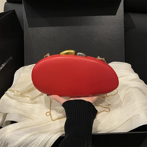 Pebble Shape Evening Clutch Bag Oval Hard Shell PU Leather Metal Chain Shoulder Bag For Women Wedding Party Elegant Minimalism