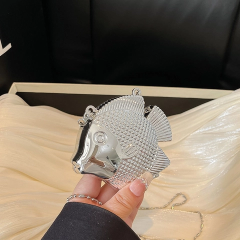 Bolso Bandolera Mini De Noche Creativo Con Forma De Pez Para Mujer Textura Metálica Acrílico Patrón De Escamas Cartera