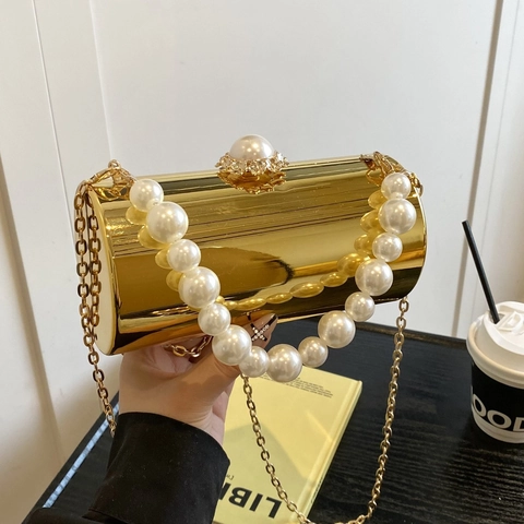 Goldener Spiegel Zylinder Abendtasche Mit Künstliche Perlengriff Und Metallkette Luxus Party Hochzeit Clutch Für Damen