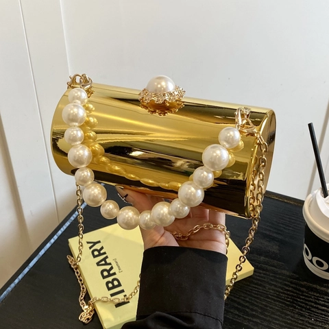 Goldener Spiegel Zylinder Abendtasche Mit Künstliche Perlengriff Und Metallkette Luxus Party Hochzeit Clutch Für Damen