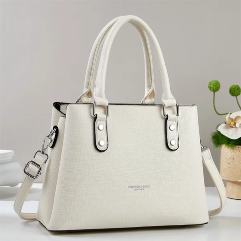 Large Capacity Handbag PU Leather Lychee Pattern Vintage Commuting Shoulder Bag For Women With Detachable Strap