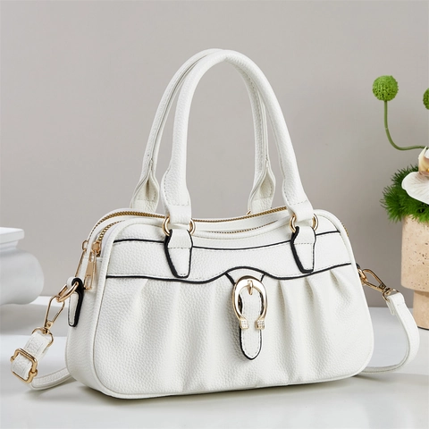 Borsa a Spalla da Donna di Grande Capacità in Pelle PU Elegante Borsa a Mano con Motivo Litchi e Fibbia a Ferro di Cavallo