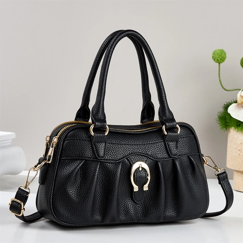 Borsa a Spalla da Donna di Grande Capacità in Pelle PU Elegante Borsa a Mano con Motivo Litchi e Fibbia a Ferro di Cavallo