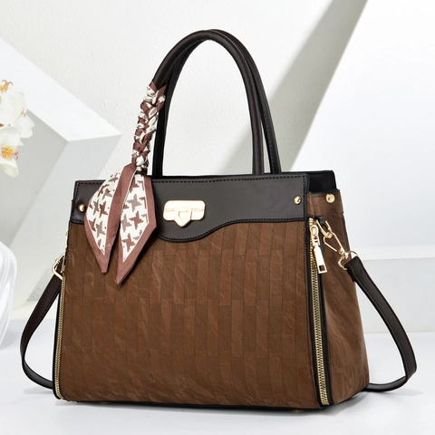 Fashion PU Leather Shoulder Bag Large Capacity Handbag With Satin Scarf Decor Stitched Textured Commuter Tote For Women
