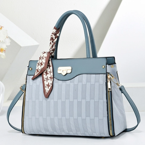 Fashion PU Leather Shoulder Bag Large Capacity Handbag With Satin Scarf Decor Stitched Textured Commuter Tote For Women
