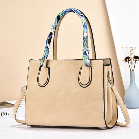 Large Capacity Women Tote Handbag PU Frosted Leather Shoulder Bag With Satin Scarf Wrap Handle And Removable Strap Simple