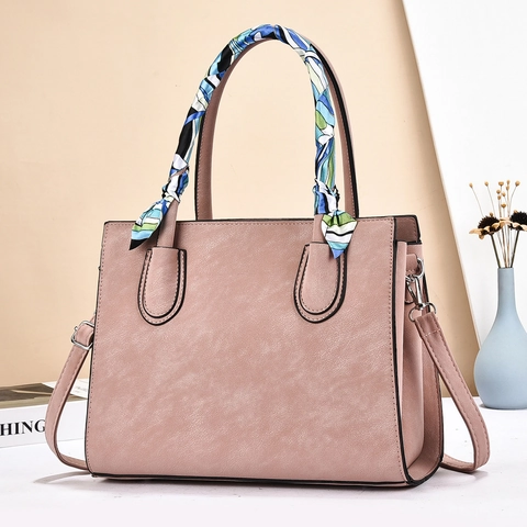Large Capacity Women Tote Handbag PU Frosted Leather Shoulder Bag With Satin Scarf Wrap Handle And Removable Strap Simple
