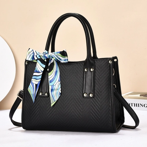 Women Woven Texture PU Leather Shoulder Bag Large Capacity Commuter Tote With Decorative Scarf And Gold Rivets