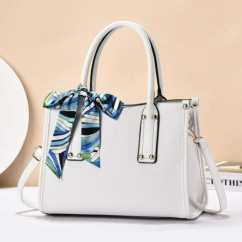 Women Woven Texture PU Leather Shoulder Bag Large Capacity Commuter Tote With Decorative Scarf And Gold Rivets