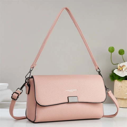 Vintage Women Shoulder Bag PU Litchi Grain Leather Flap Crossbody Handbag Metal Lock Fashion Stylish Daily Accessory