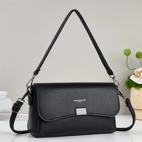 Vintage Women Shoulder Bag PU Litchi Grain Leather Flap Crossbody Handbag Metal Lock Fashion Stylish Daily Accessory