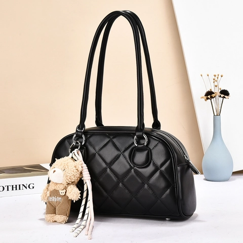 Borsa A Spalla Trapuntata A Rombi Da Donna Borsa Boston In Pelle PU Con Ciondolo A Orsetto Moda Borsa Sottobraccio