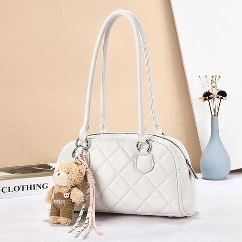 Borsa A Spalla Trapuntata A Rombi Da Donna Borsa Boston In Pelle PU Con Ciondolo A Orsetto Moda Borsa Sottobraccio