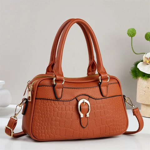 Sac à Main pour Femme en Cuir PU Gaufrage Crocodile Boucle Fer à Cheval Dorée Sac Bandoulière Mode Commuter