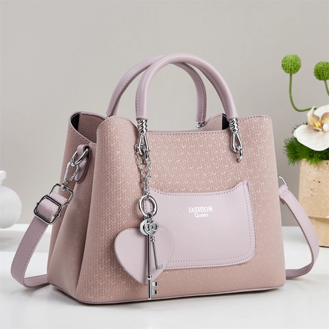 Borsa da Donna alla Moda in Pelle PU con Blocchi di Colore Tracolla a Spalla Con Ciondolo Chiave a Cuore Per Pendolari