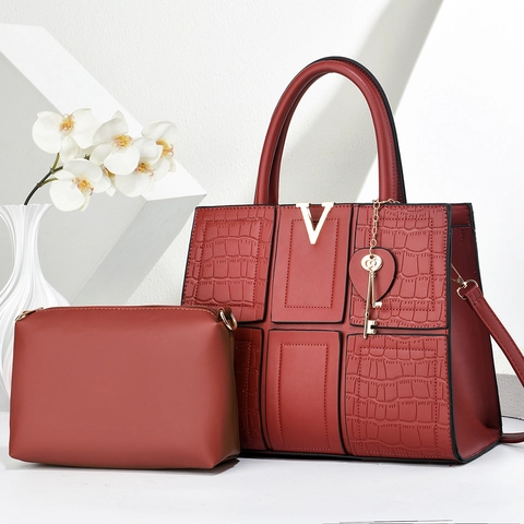 Women PU Leather Crocodile Pattern Patchwork Tote Bag And Pouch Set With Golden V Metal Heart Charm Large Capacity Handbag