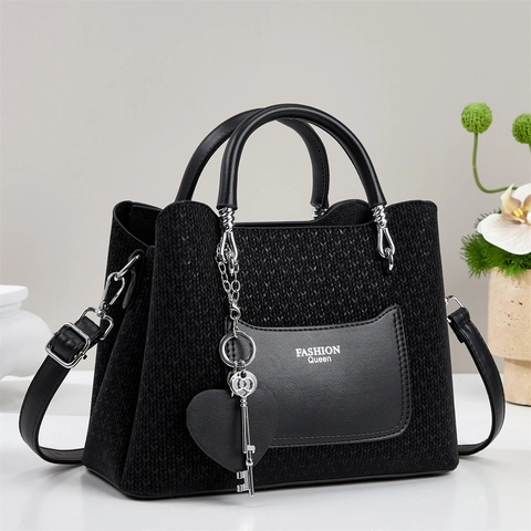 Borsa da Donna alla Moda in Pelle PU con Blocchi di Colore Tracolla a Spalla Con Ciondolo Chiave a Cuore Per Pendolari