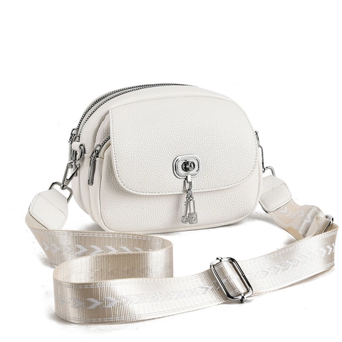 Women Crossbody Bag Lychee Grain PU Leather Wide Jacquard Strap Flap Turn Lock Multi Compartment Shoulder Bag Lock Charm