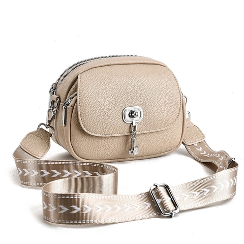 Women Crossbody Bag Lychee Grain PU Leather Wide Jacquard Strap Flap Turn Lock Multi Compartment Shoulder Bag Lock Charm