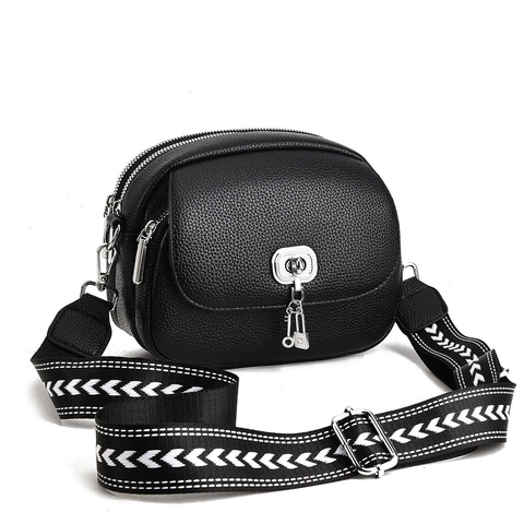 Women's Stylish Small PU Leather Shoulder Bag Litchi Pattern Double Zipper Crossbody Bag With Wide Geometric Woven Strap Lock Pendant
