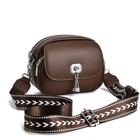 Women's Stylish Small PU Leather Shoulder Bag Litchi Pattern Double Zipper Crossbody Bag With Wide Geometric Woven Strap Lock Pendant