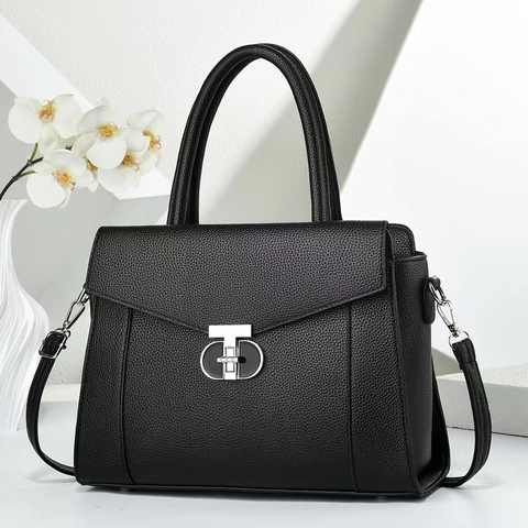 Women Litchi Pattern PU Leather Shoulder Bag With T-Lock Large Capacity Crossbody Handbag For Daily Fashion Office