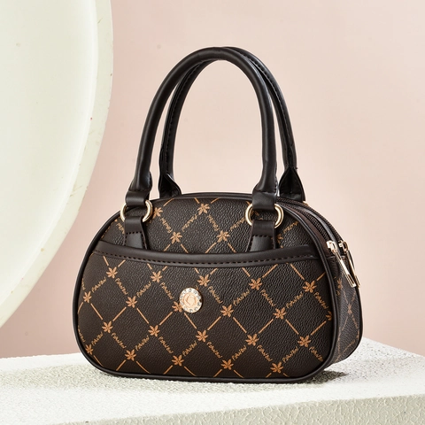 Retro Bloemenprint Mini Handtas PU Leer Monogram Dubbel Handvat Bowlingtas Voor Dames Elegante Ritssluiting Tas
