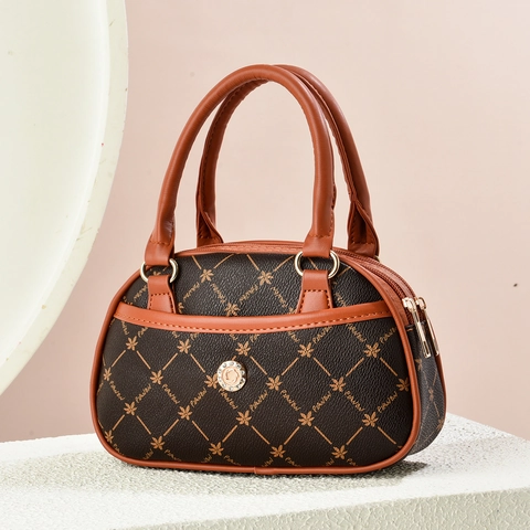 Retro Bloemenprint Mini Handtas PU Leer Monogram Dubbel Handvat Bowlingtas Voor Dames Elegante Ritssluiting Tas