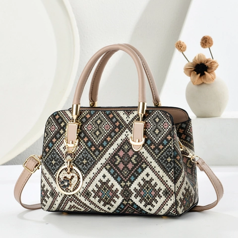 Borsa A Tracolla Donna Tessitura Geometrica Etnica Borsa A Mano Manico Pelle PU Ciondolo Cuore Stile Bohémien Moda