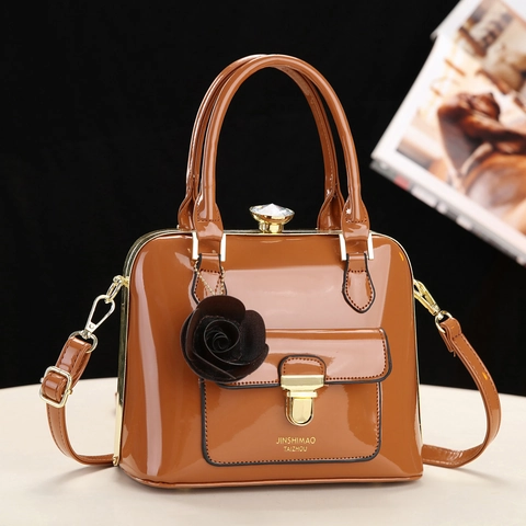 Women Patent Leather Handbag Retro Shiny PU Shoulder Crossbody Bag With Metal Lock And Flower Charm Elegant Fashion